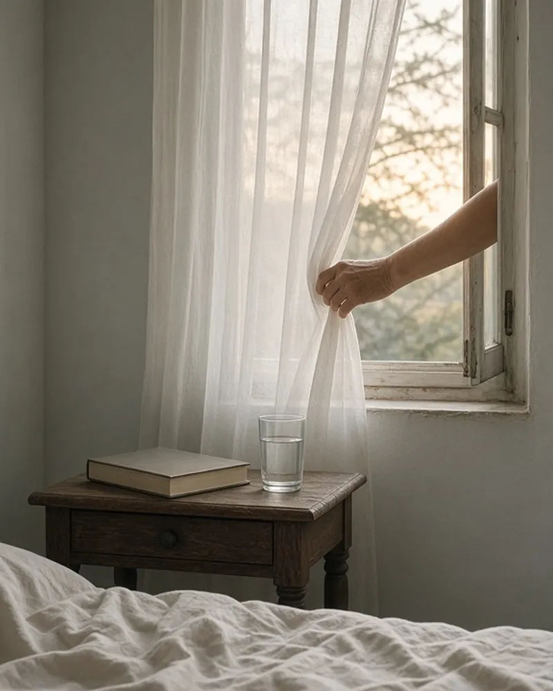 Morning light through a bedroom window over white linen.
