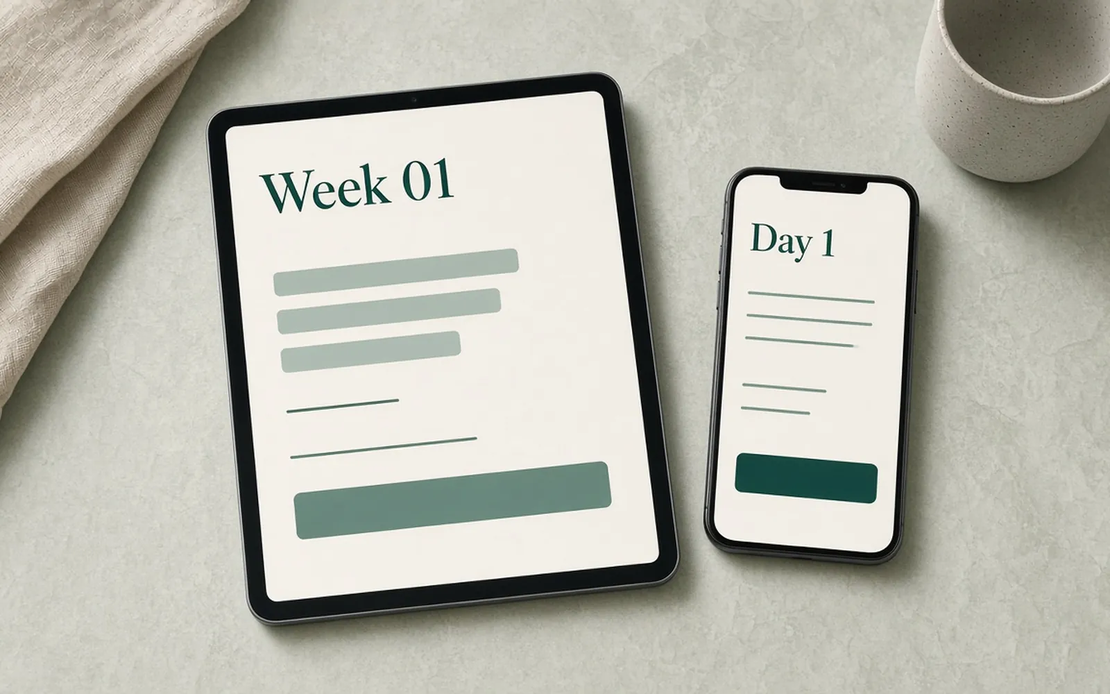 Preview of the 30-Day Life Reset weekly planner on a tablet and phone.